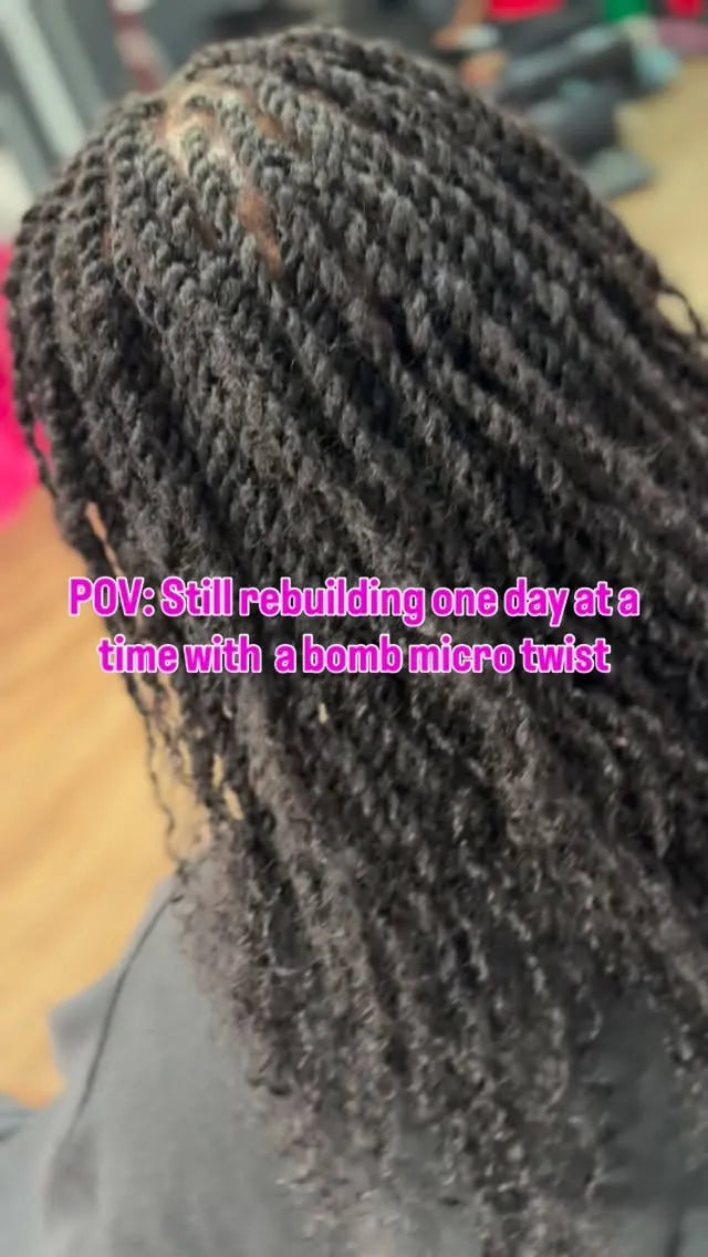 Full micro twist hairstyle with natural black textured twists, hairstylist located in Augusta, GA