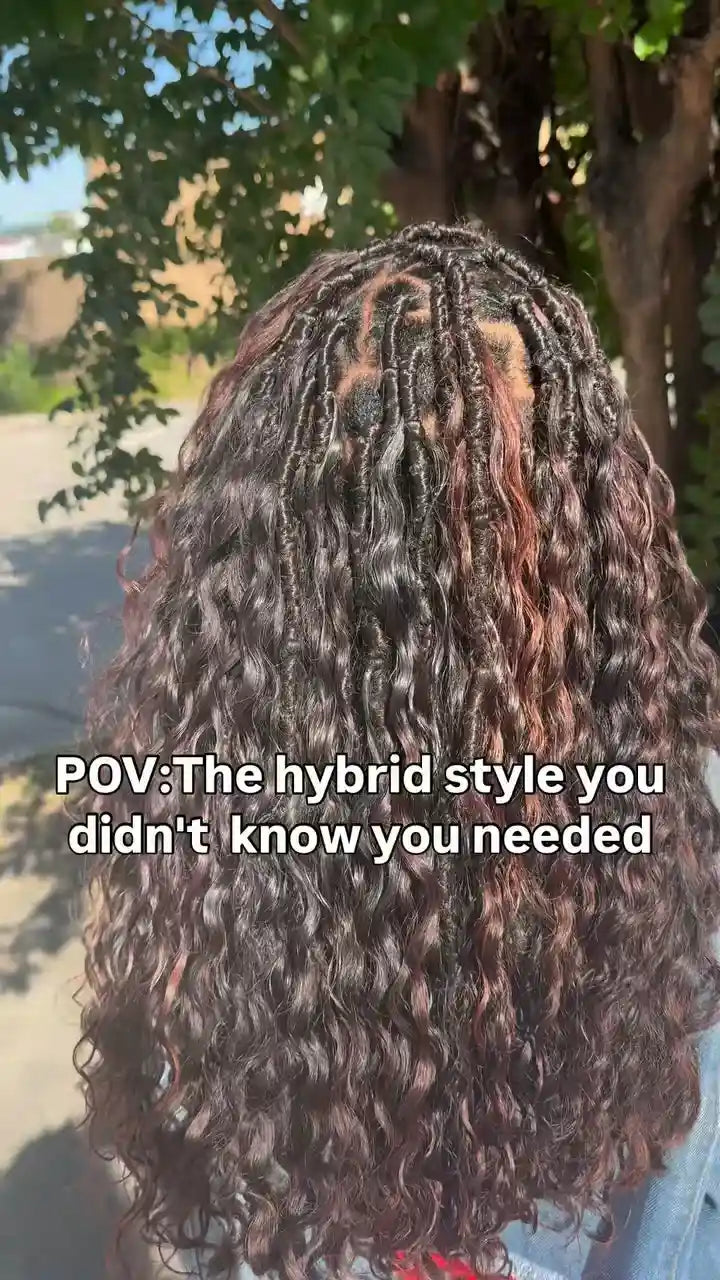 Hybrid boho braid style with loose wavy hair and subtle burgundy highlights, hairstylist located in Augusta, GA