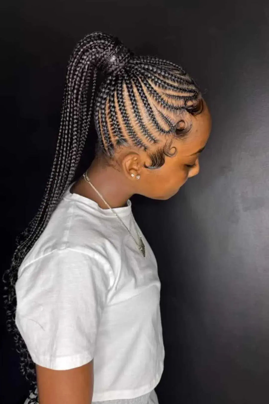 Person with braided hair styled in a ponytail against a dark background