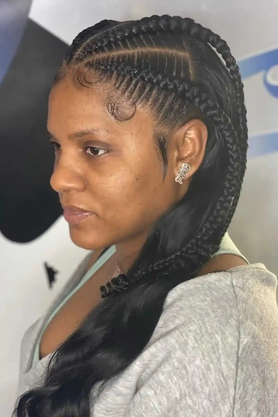 Woman with braided hair wearing a gray sweater in front of a blurred background