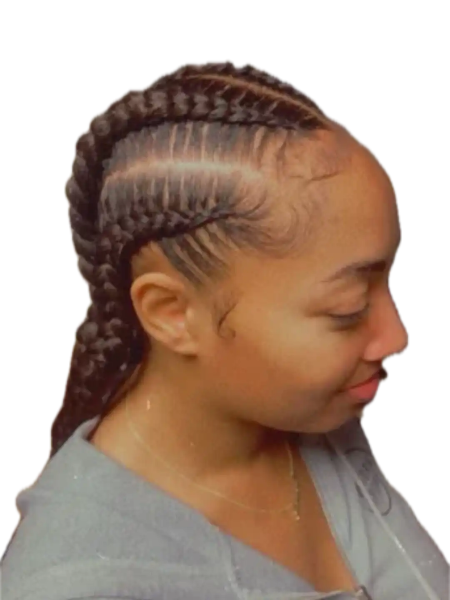 Person with braided hair styled in a cornrow pattern on a white background