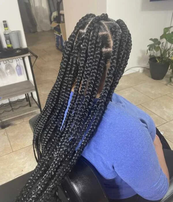 Person with long braided hair sitting in a salon chair.