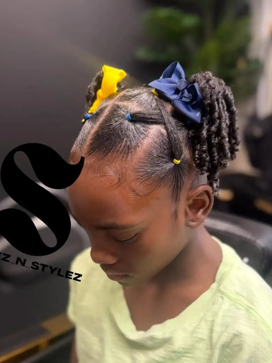 Child with braided hair adorned with yellow and blue hair accessories, branded 'Sizz N Stylez'.