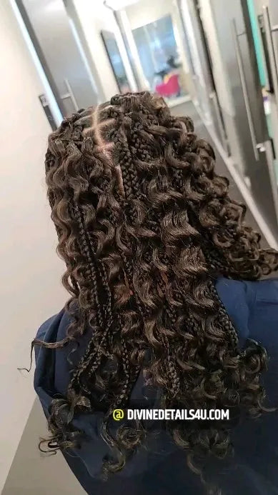 Long boho braids with loose curls and square parting, Stylist located in Atlanta, GA