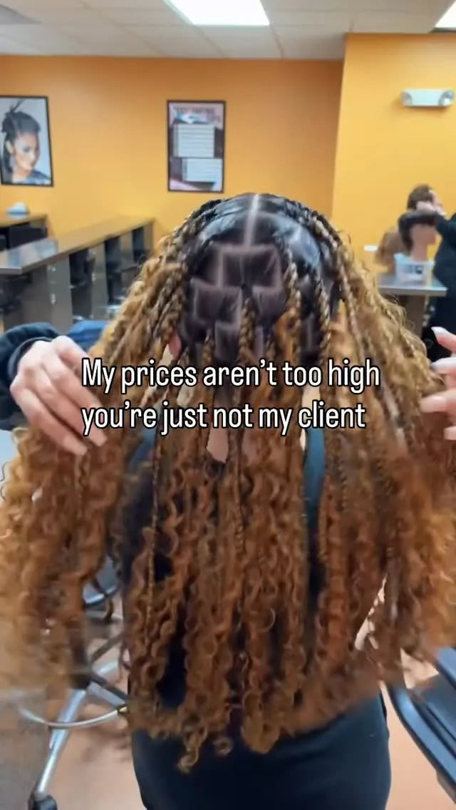 Person with braided hair in a salon setting with text overlay.