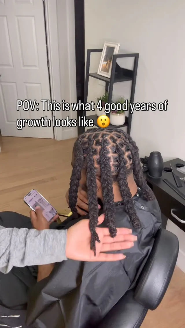 Person with long braided hair holding a section, with text overlay about hair growth.