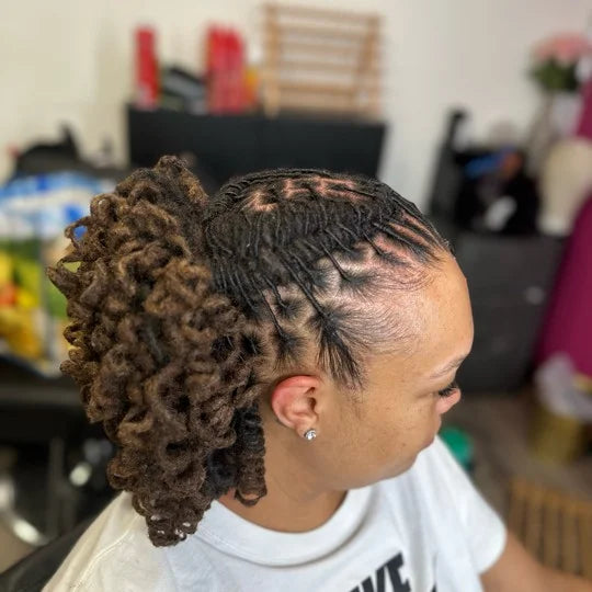 Person with styled hair in a salon setting