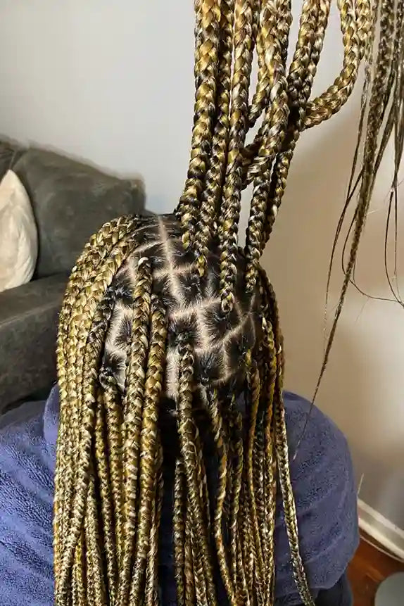 Person with braided hair in a room with a couch and wall.