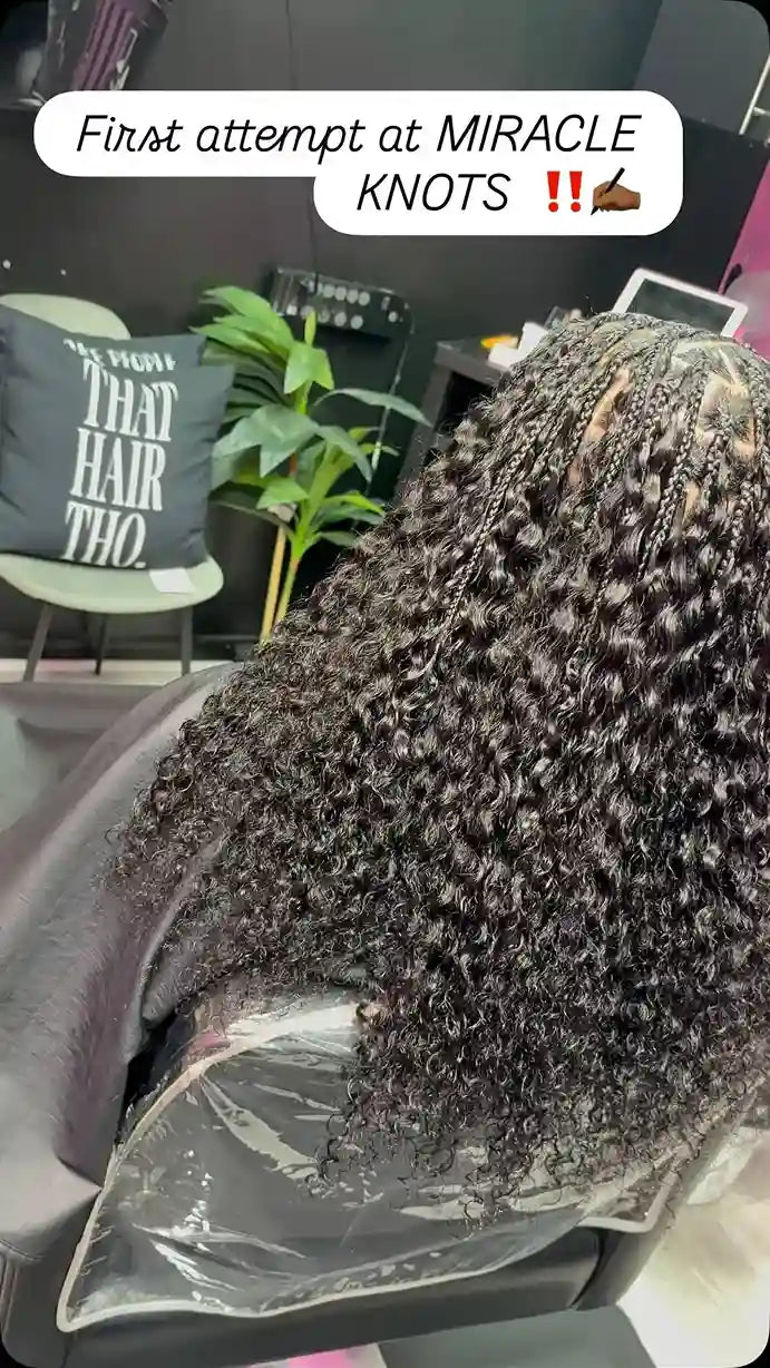 Person with textured hair in a salon chair, text overlay 'First attempt at MIRACLE KNOTS!!'.
