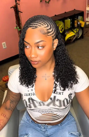 Tiktok influencer curlybeviie shows the braiding process of burmese curly with spiral curls ends bulk hair