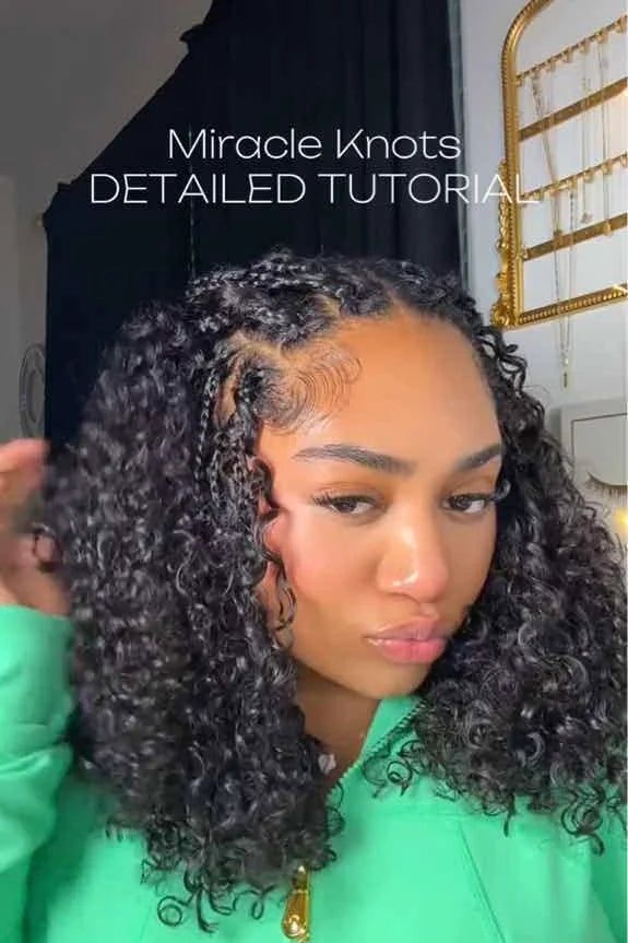Tiktok influencer emiah.f shows the braiding process of water deep wave feather crochet hair extension