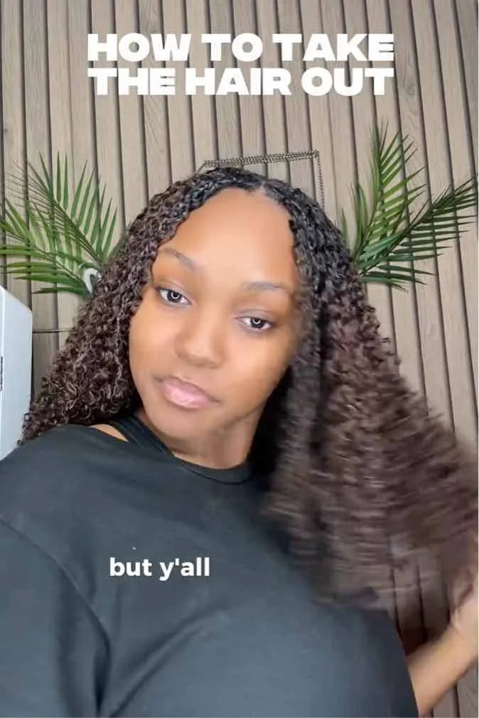 Tiktok influencer ladyy.chaa shows the braiding process of t1b/4 ombre color tight curly feather crochet hair extension