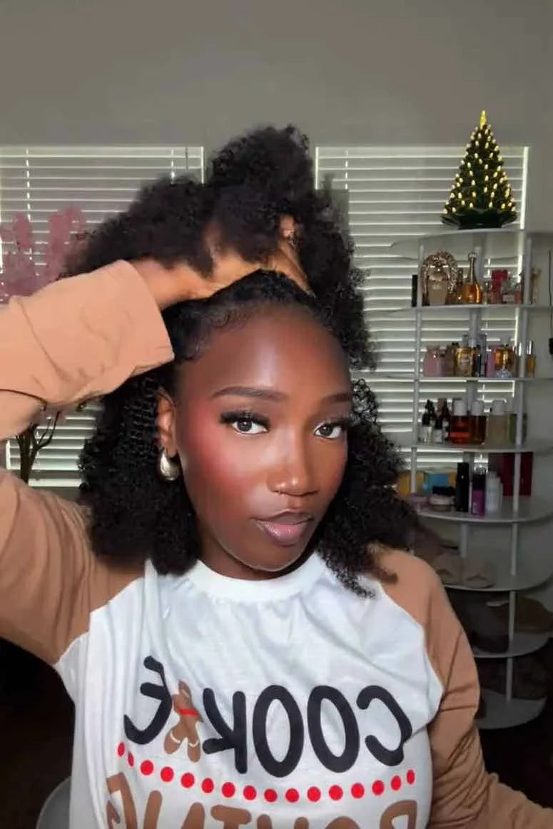 Tiktok influencer mimibelleofficiel shows the braiding process of afro kinky curly feather crochet hair extension