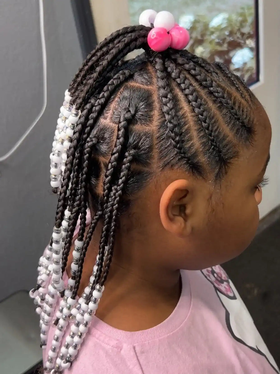 Kids braided ponytail with neat geometric parts, black box braids, and pink, white, and silver beads, hairstylist located in Atmore, AL
