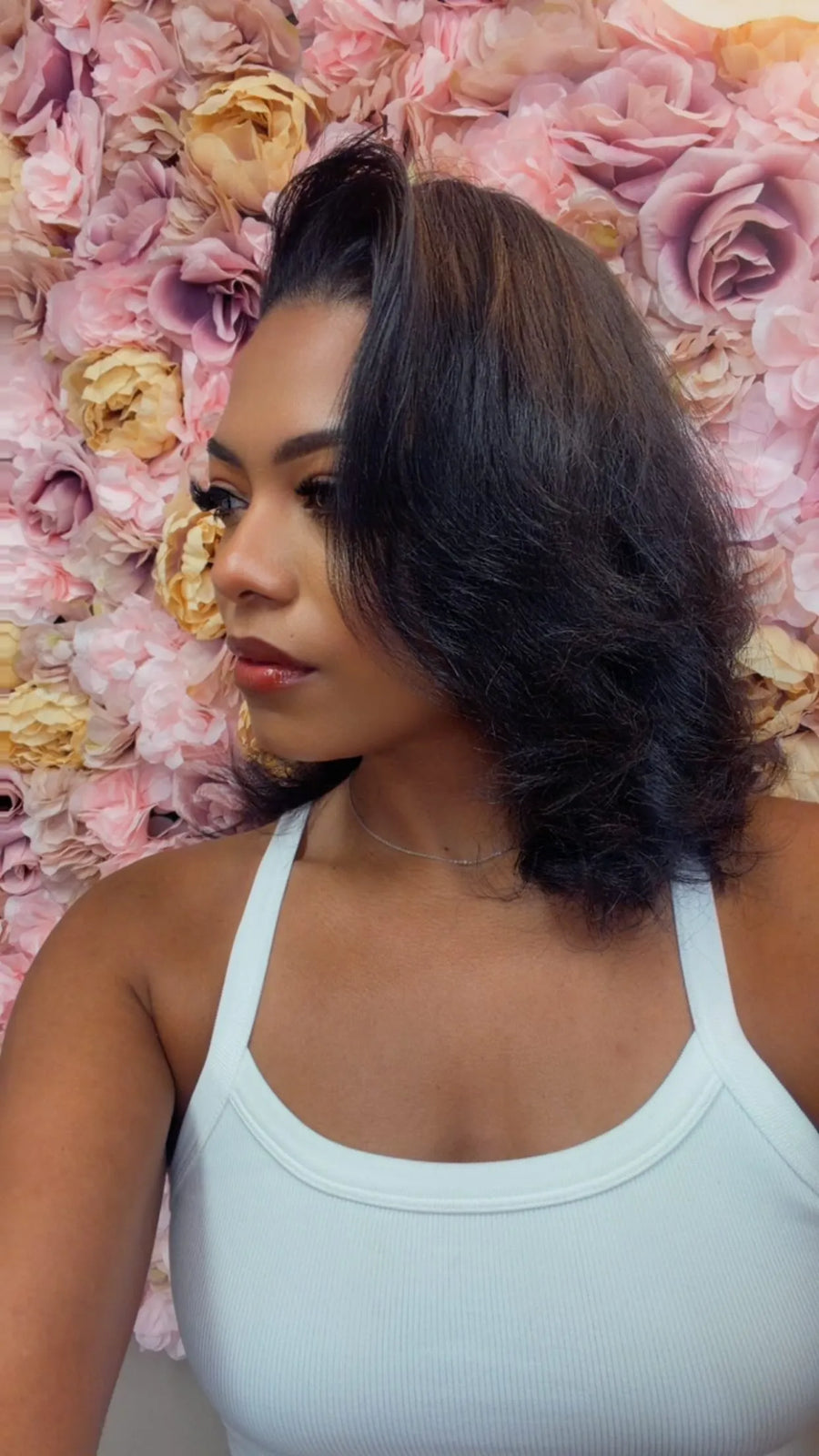 Silk press straight hairstyle with smooth finish, hairstylist in Louis, MO