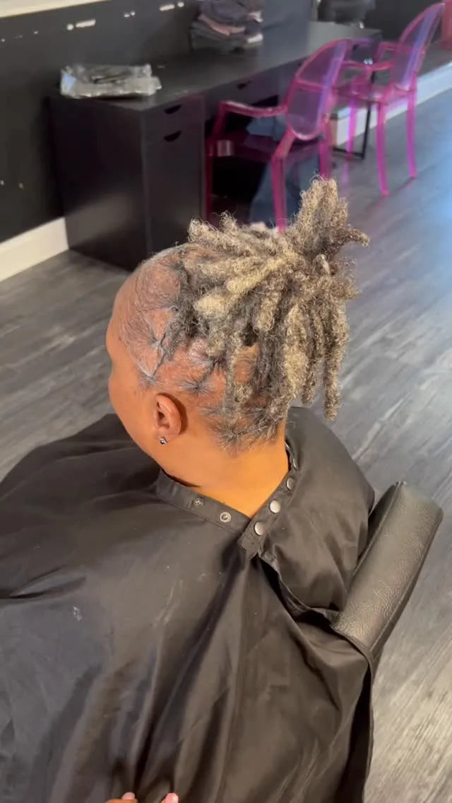 Short starter loc updo with blonde tips, Stylist located in Philadelphia, PA
