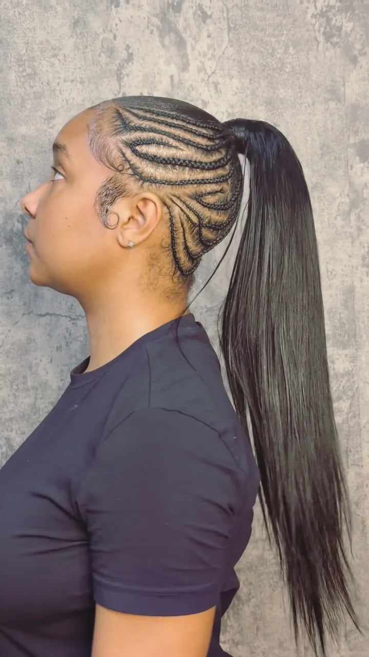 Intricate curved feed-in cornrows gathered into a sleek high ponytail with long straight black hair, Stylist located in Greensboro, NC