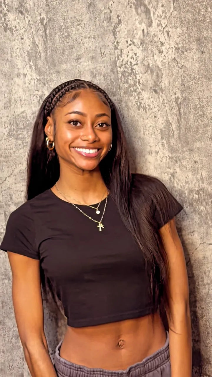 Long straight black hairstyle with braided front sections and neatly styled edges, Stylist located in Greensboro, NC