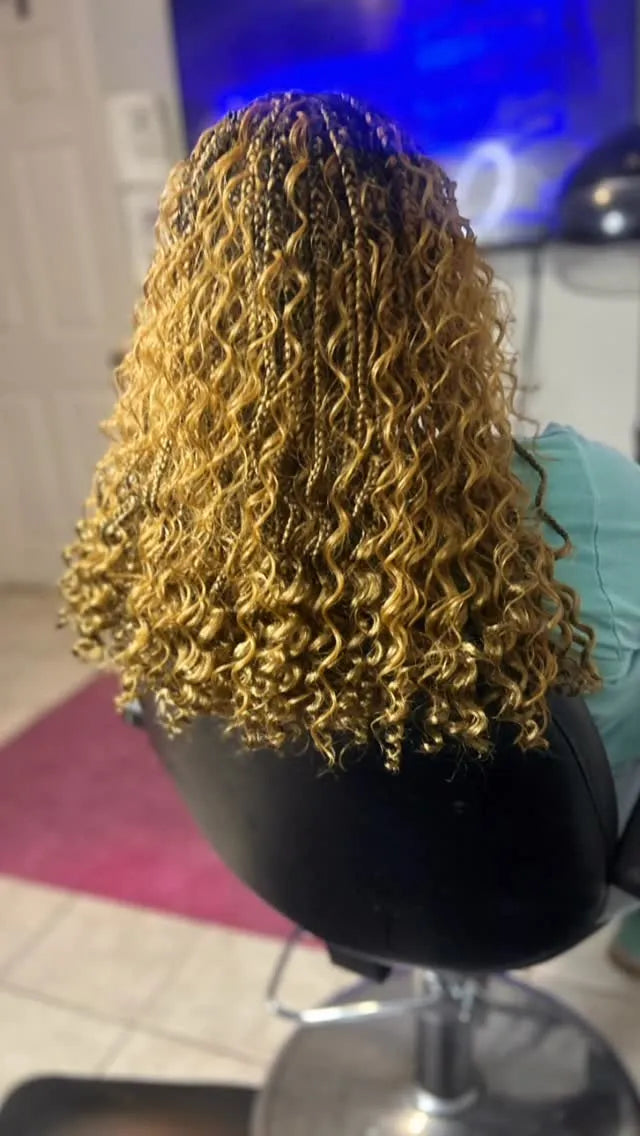 Shoulder-length honey-blonde boho twists with loose curls and textured ends, hairstylist located in Hueytown, AL