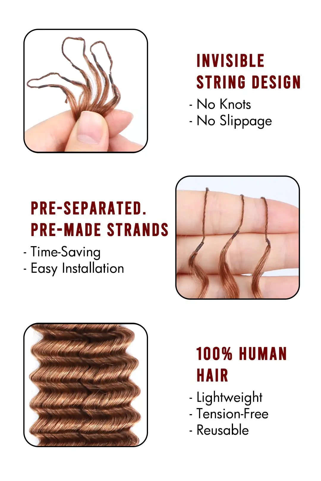 Auburn Brown #30 Deep Wave Feather Crochet Human Hair 3