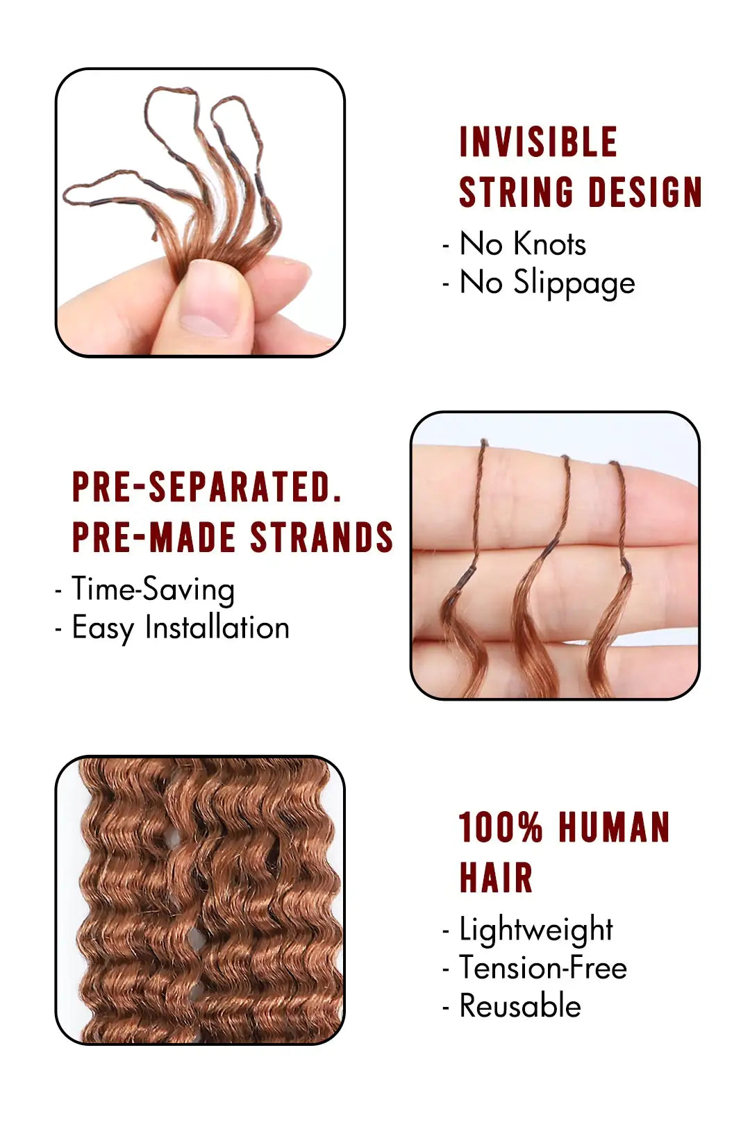 Auburn Brown #30 Water Wave Feather Crochet Human Hair