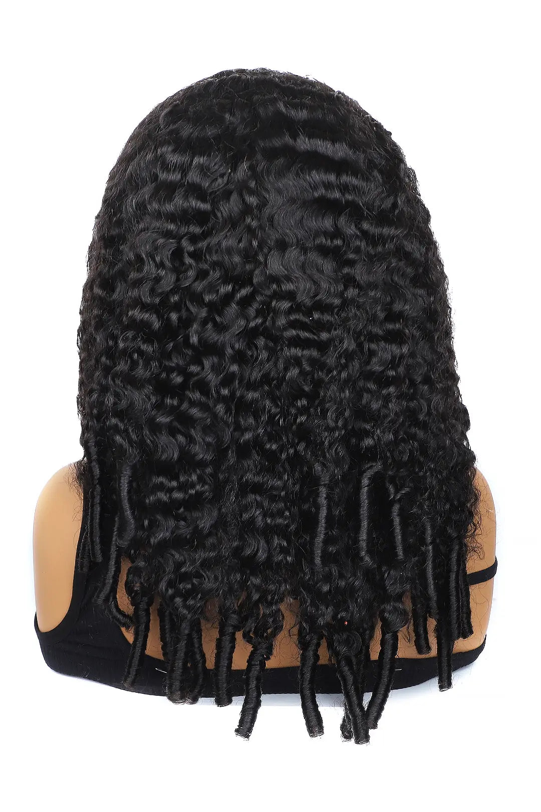 Back view of burmese curly with spiral curls ends half wig flexible fit drawstring