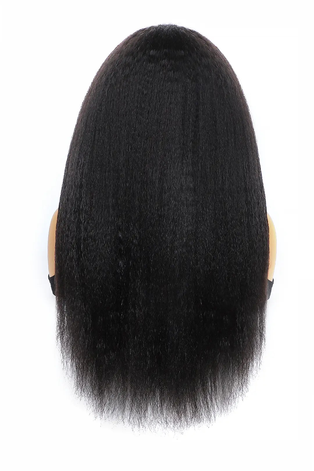 Back view of kinky straight half wig flexible fit drawstring human hair seamless wig