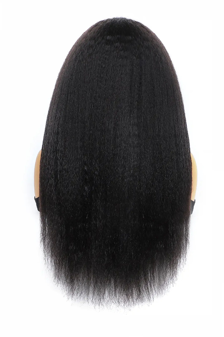 Back view of kinky straight half wig flexible fit drawstring human hair seamless wig