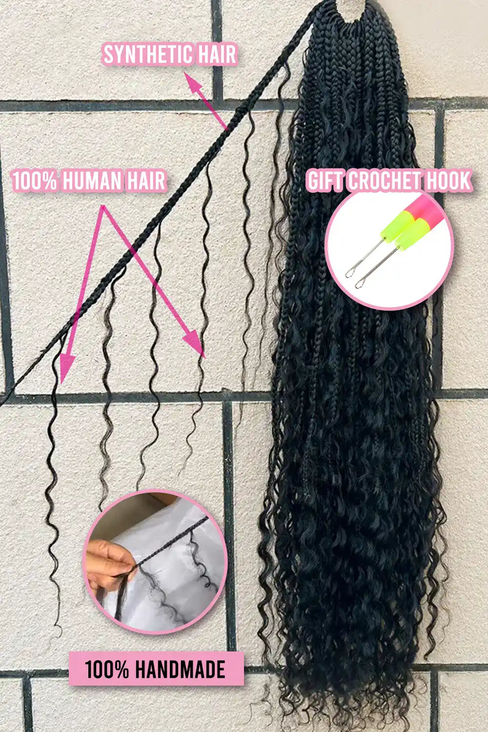 Boho Crochet Box Braids with Human Hair Curls Pre-Looped Deep Wave 20 Strands 14 / 20 Strands