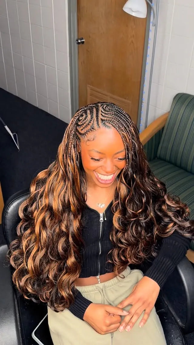 Long boho braids with loose body wave curls and brown highlights, hairstylist in Sicklerville, NJ