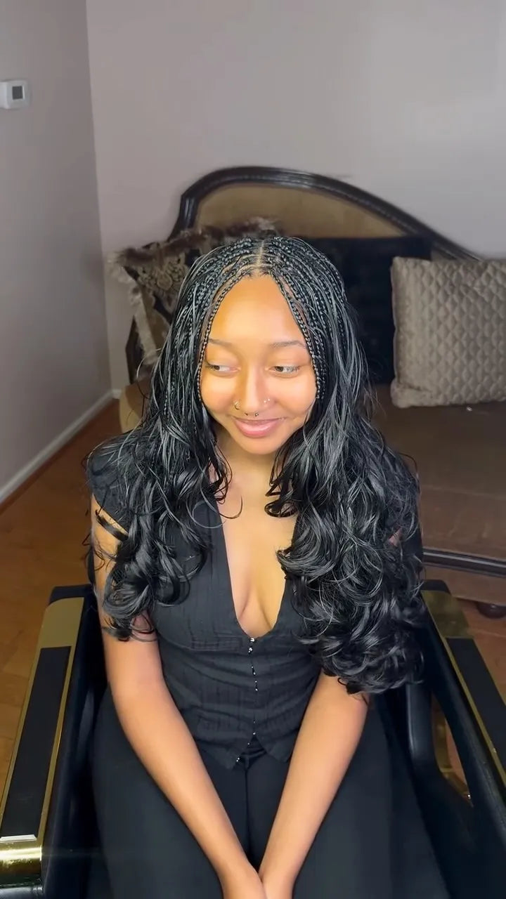 Medium boho braids with loose black curls and layered ends, hairstylist in Sicklerville, NJ