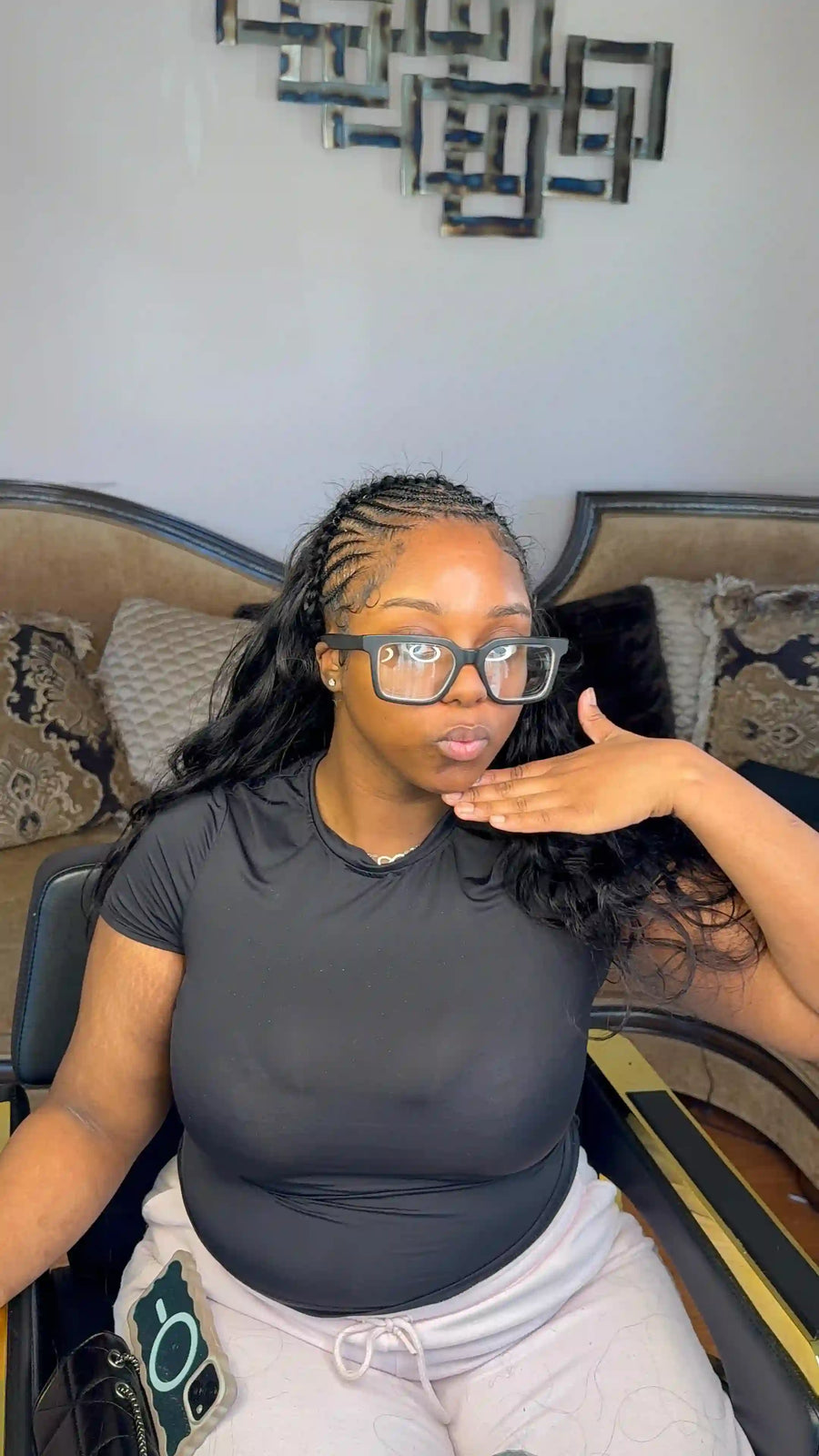 Half feed-in braids with loose black curls and sleek side styling, hairstylist in Sicklerville, NJ