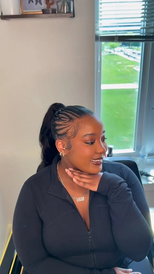 Side stitch braids into sleek high ponytail with styled baby hairs, hairstylist in Sicklerville, NJ