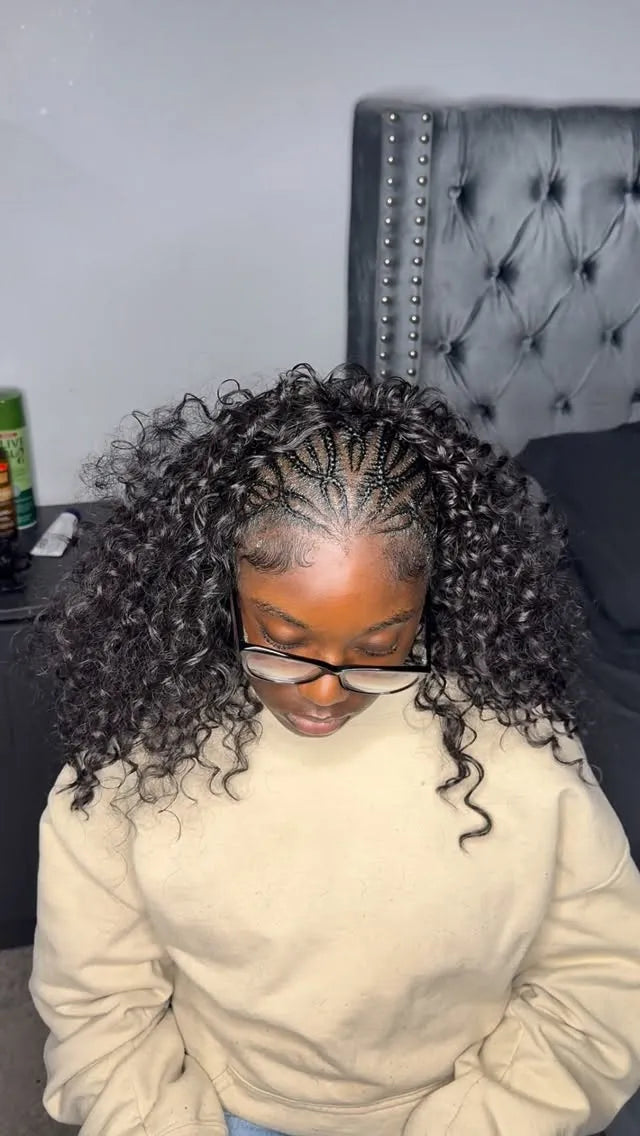 Half feed-in braids with voluminous curly hair and sleek edges, hairstylist in Sicklerville, NJ