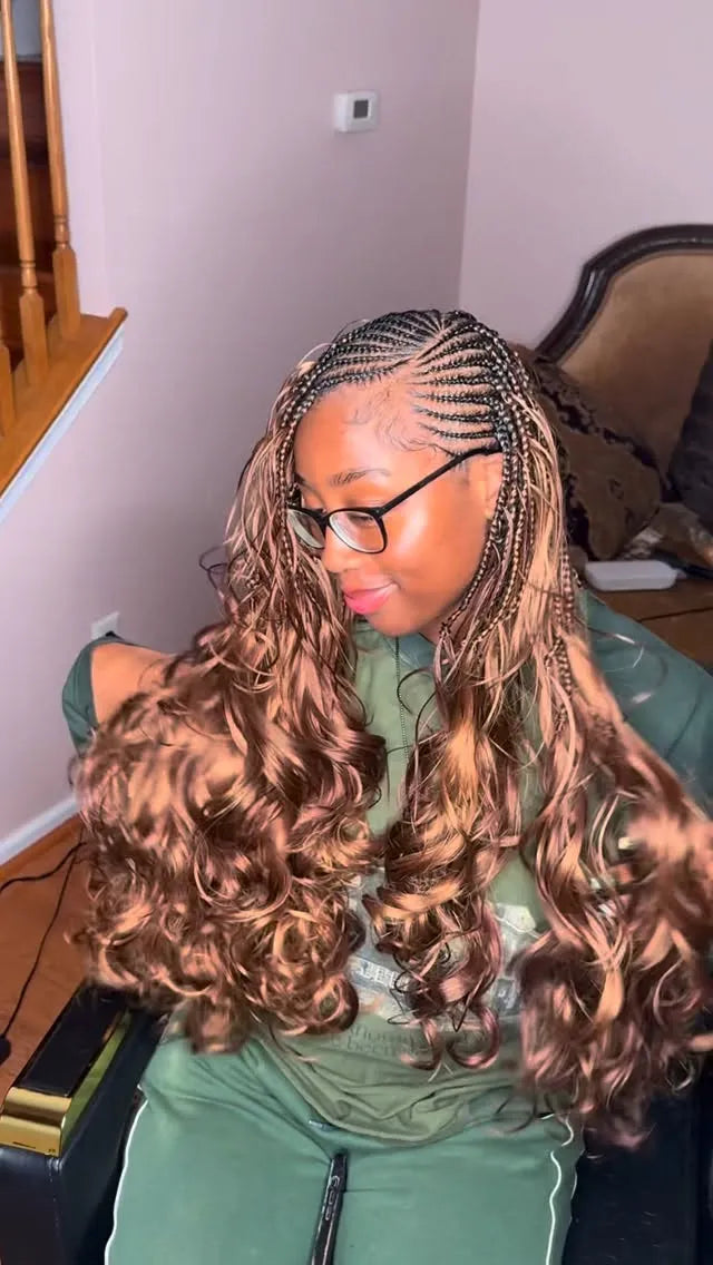 Long brown boho braids with loose curls and stitch braid parting, hairstylist in Sicklerville, NJ