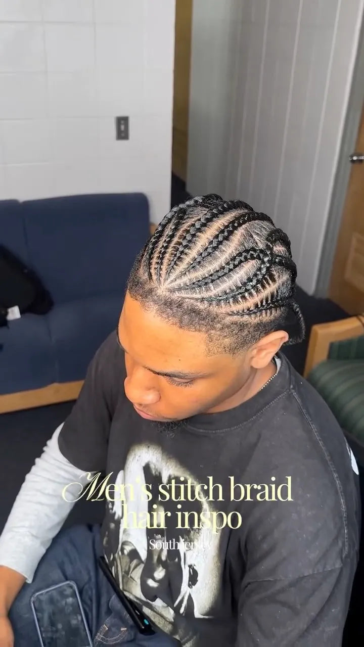 Men’s stitch braids with clean curved parting design, hairstylist in Sicklerville, NJ