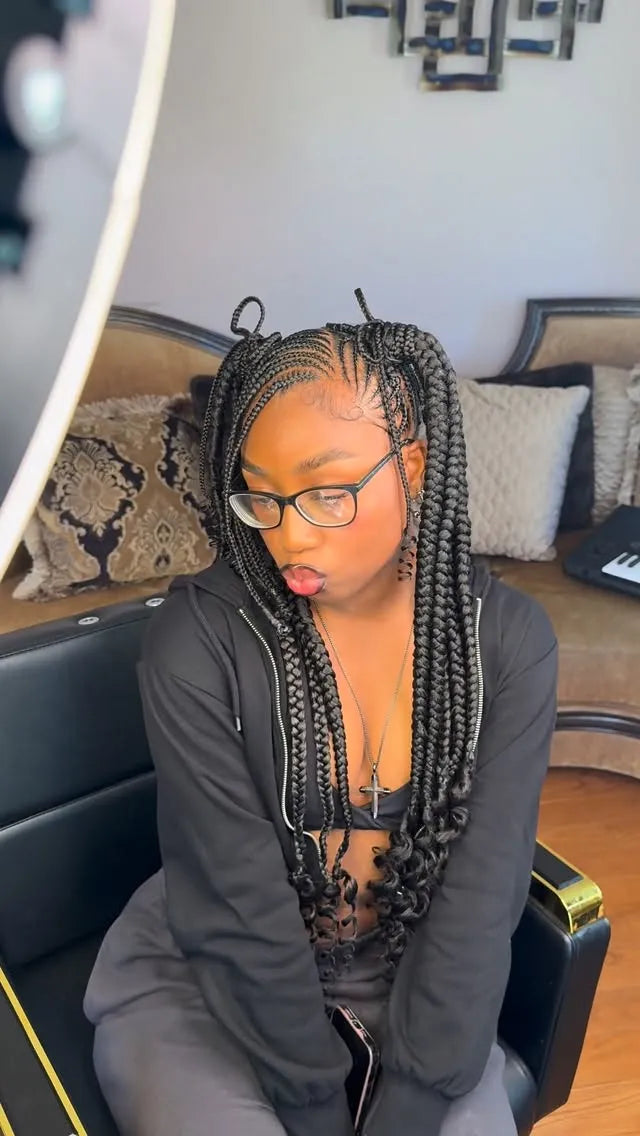 Jumbo box braids with curled ends and side part design, hairstylist in Sicklerville, NJ