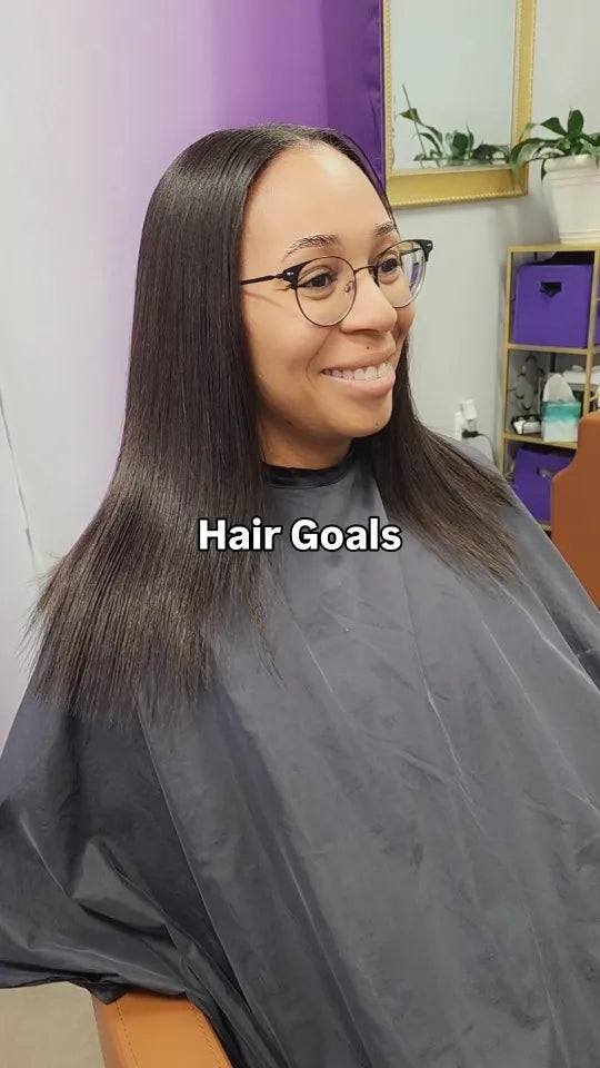Shoulder-length silk press hairstyle with sleek straight finish and middle part, hairstylist located in Morrisville, North Carolina