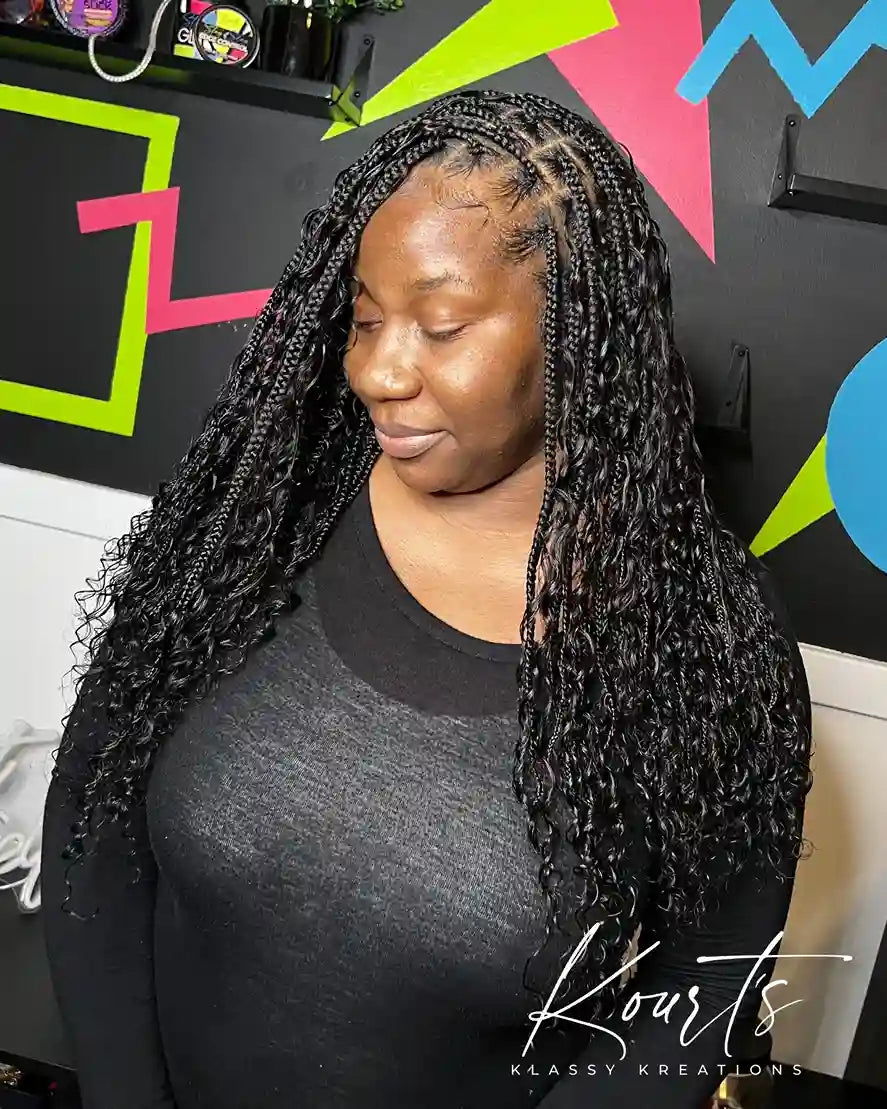 Long boho knotless braids with curly texture, hairstylist in Thomasville, GA