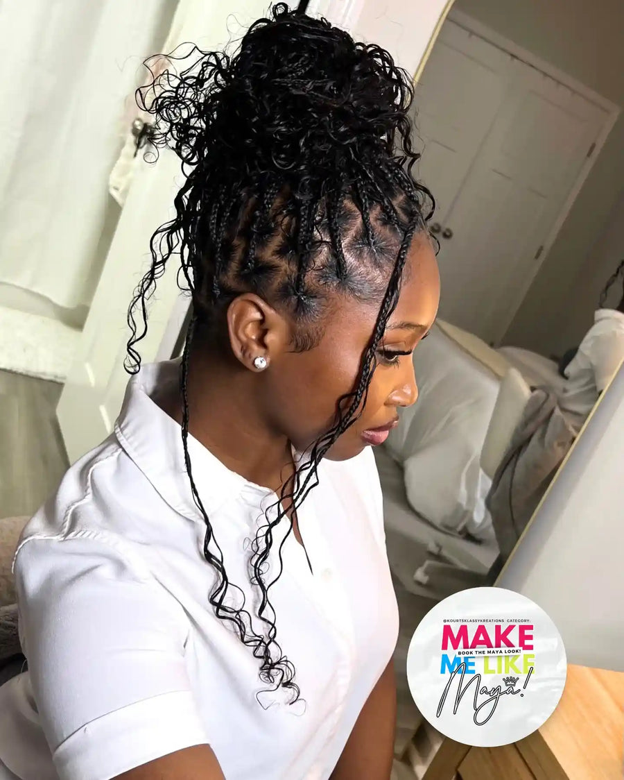 Braided updo with curly bun and face-framing curls, hairstylist in Thomasville, GA