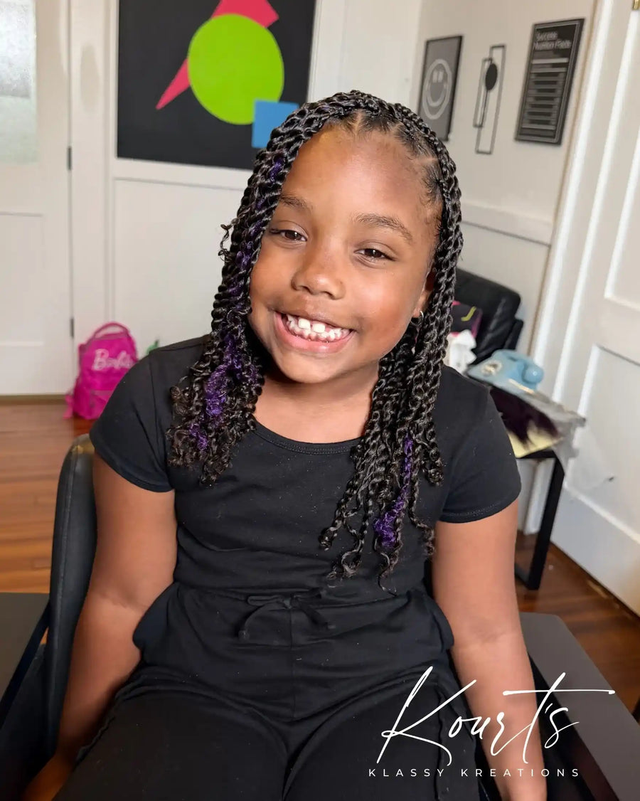Kids shoulder-length box braids with purple highlights, hairstylist in Thomasville, GA