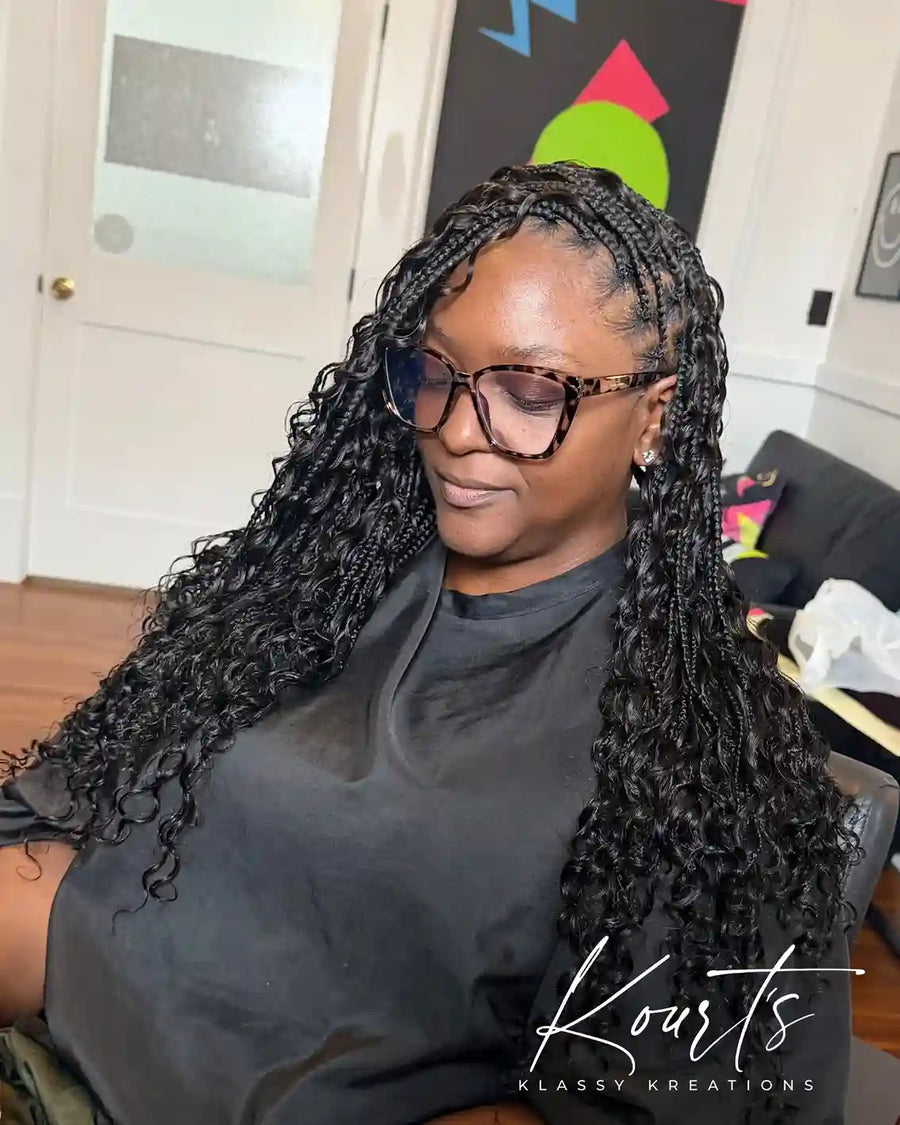 Long boho knotless braids with defined curls, hairstylist in Thomasville, GA