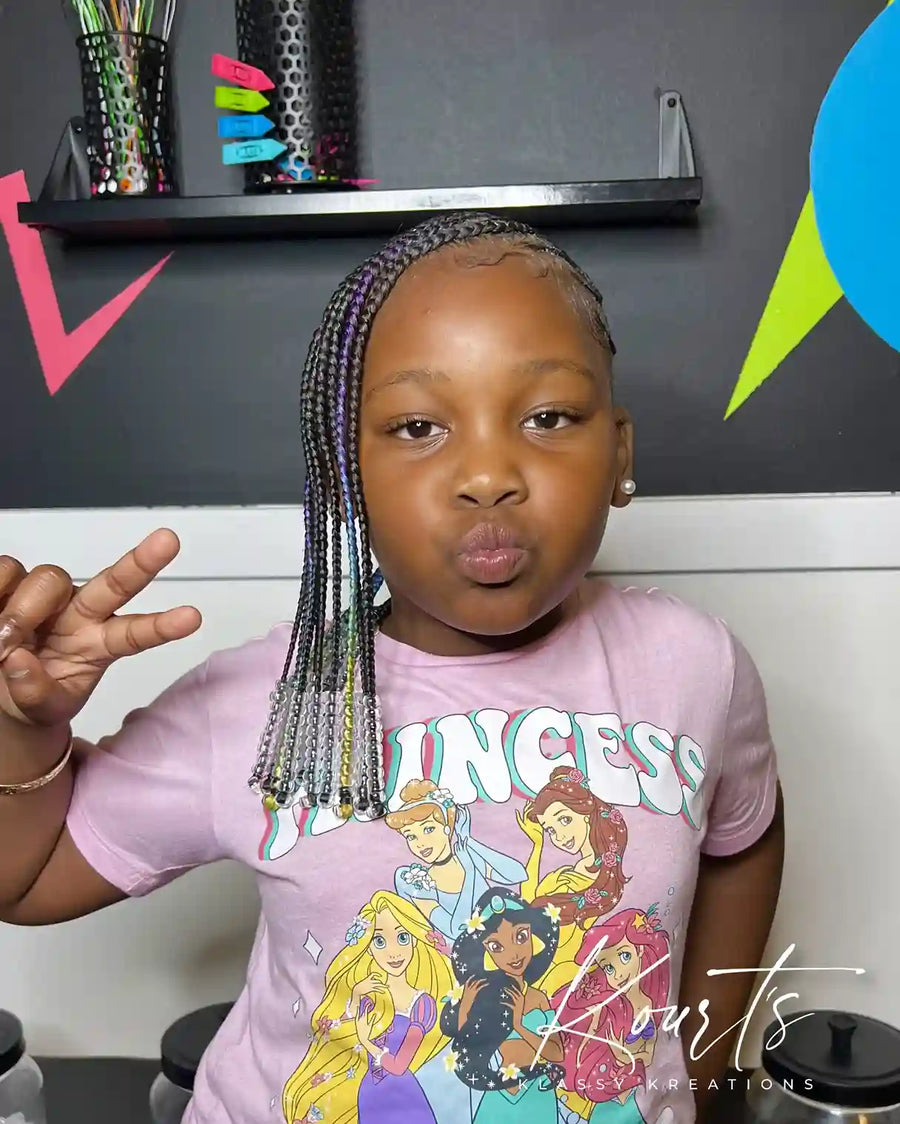 Kids stitch braids with beads and side-swept style, hairstylist in Thomasville, GA