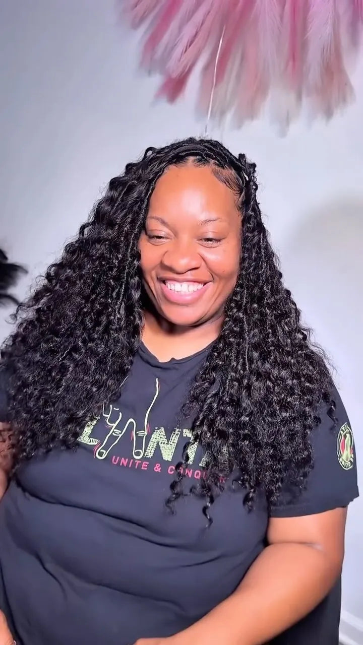 Long boho knotless braids with curly texture, hairstylist in Brookhaven, GA