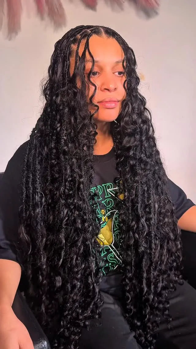 Long curly boho braids with defined wave texture, hairstylist in Brookhaven, GA