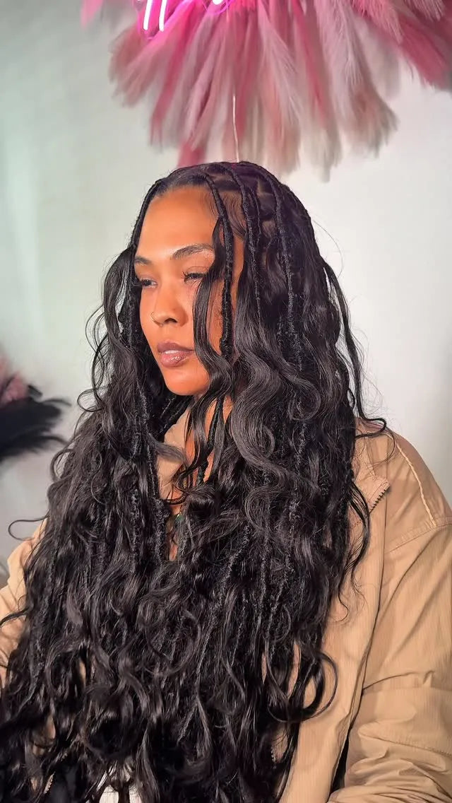 Long boho braids with loose deep wave curls, hairstylist in Brookhaven, GA