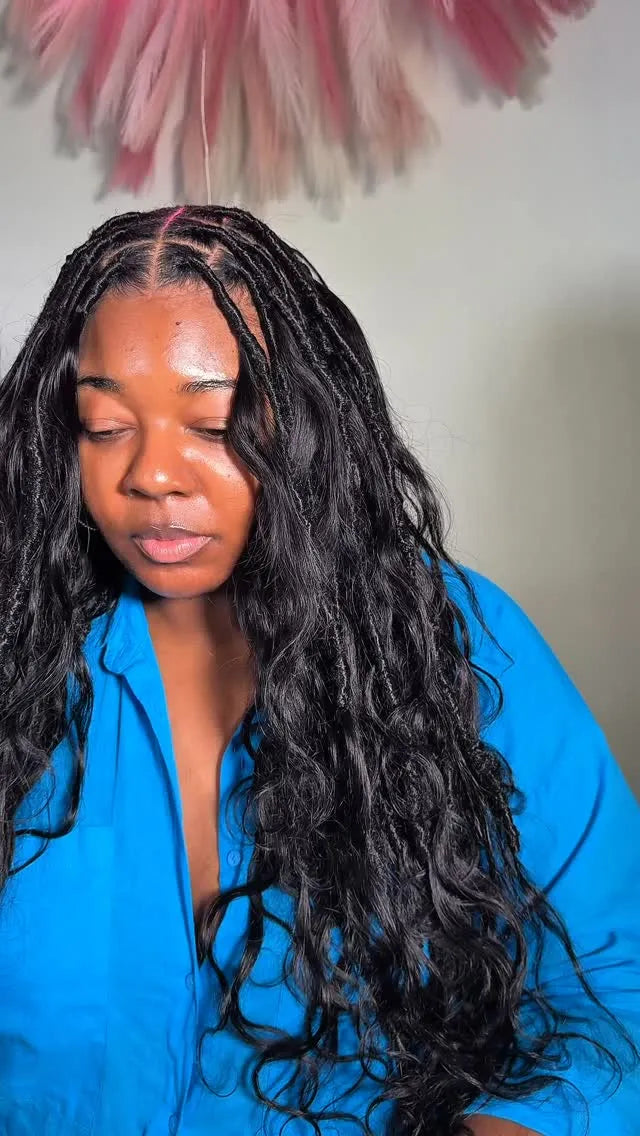 Black boho knotless braids with wavy curls, hairstylist in Brookhaven, GA