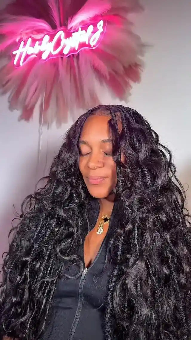 Long boho knotless braids with soft curly ends, hairstylist in Brookhaven, GA
