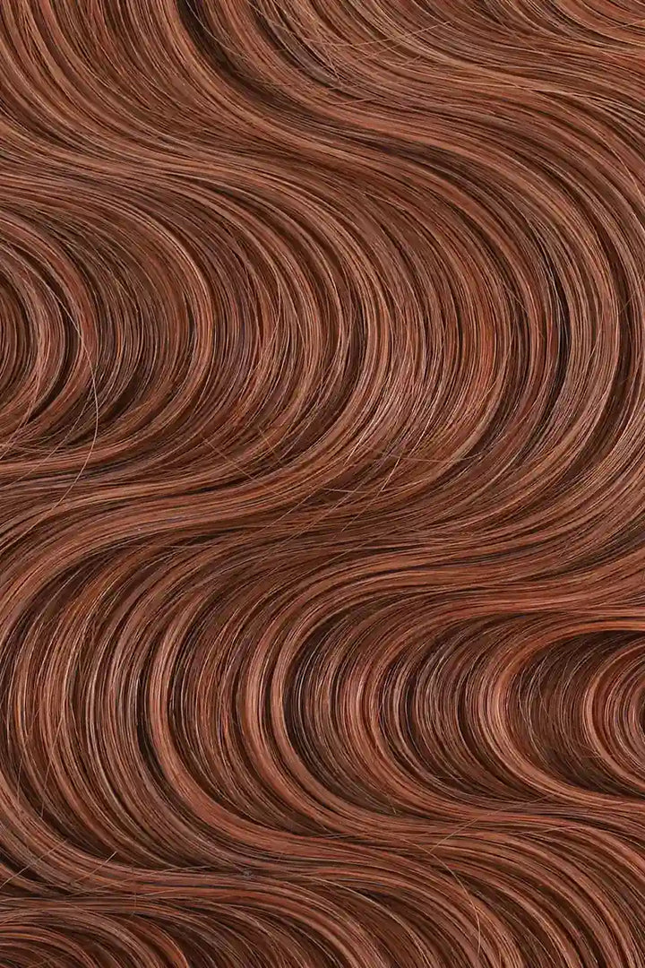 Curvature details of auburn brown 30 body wave feather crochet human hair miracle knots