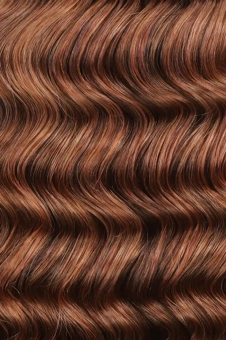 Curvature details of auburn brown 30 deep wave feather crochet miracle knots human hair